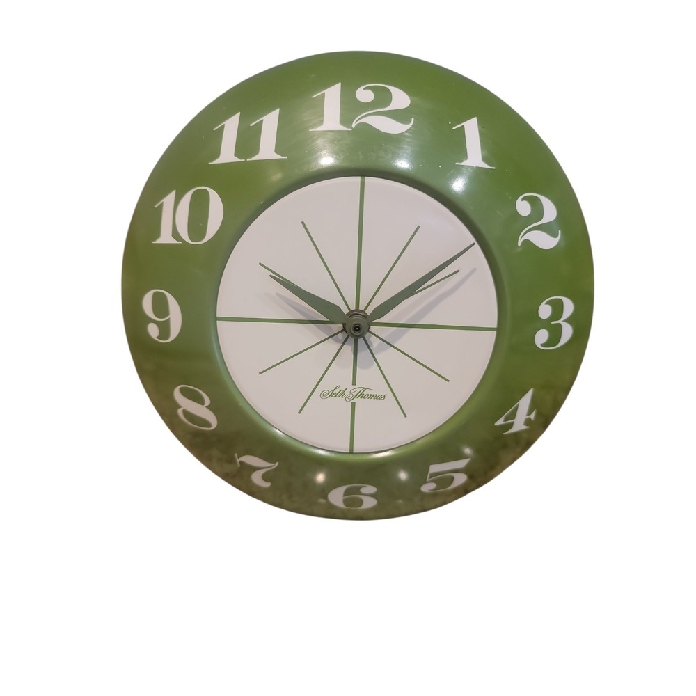 Rare Vtg MID CENTURY MODERN SETH THOMAS 9" GREEN KITCHEN WALL CLOCK WORKS! MCM